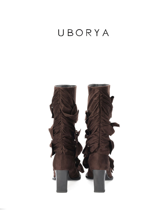 UBORYA Brown Suede Ruched Mid-Calf Boots for Women | 7cm Block Heel Sculptural Boots with Knot Detail | Faux Suede | Edgy Boho Modern Style