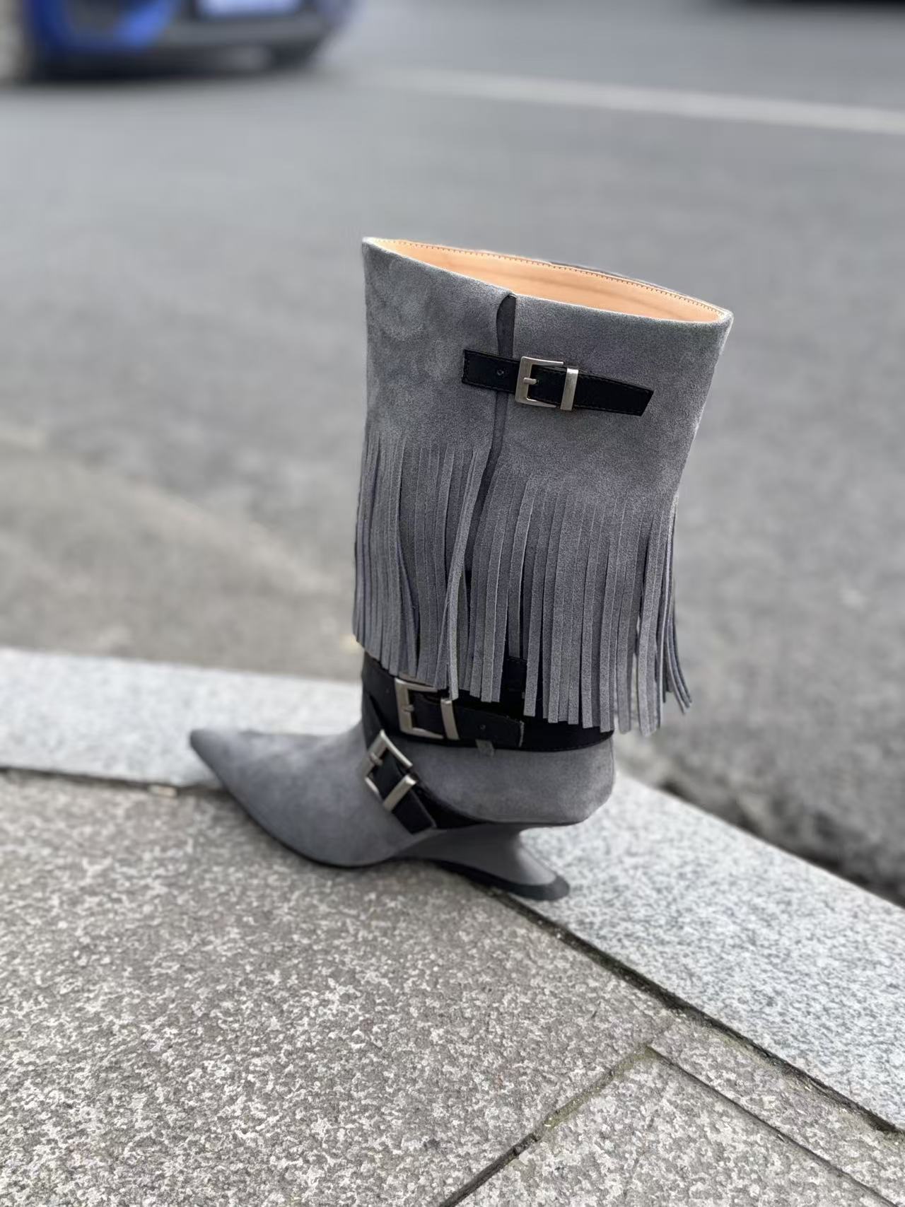 UBORYA Grey Blue Suede Fringe Mid-Calf Boots with Buckle Straps – Sculptural Wedge Heel Boots for Women | Pointed Toe | Western Avant-Garde Booties