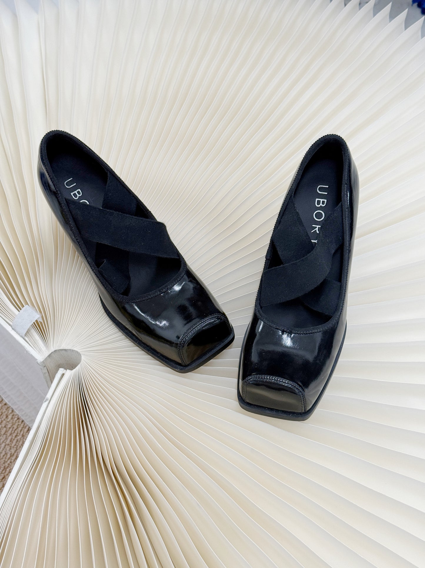 UBORYA Black Patent Square-Toe Wedge Pumps with Elastic Crisscross Straps – Architectural Heels for Women | Minimalist Avant-Garde Footwear | Sleek Power Wedges