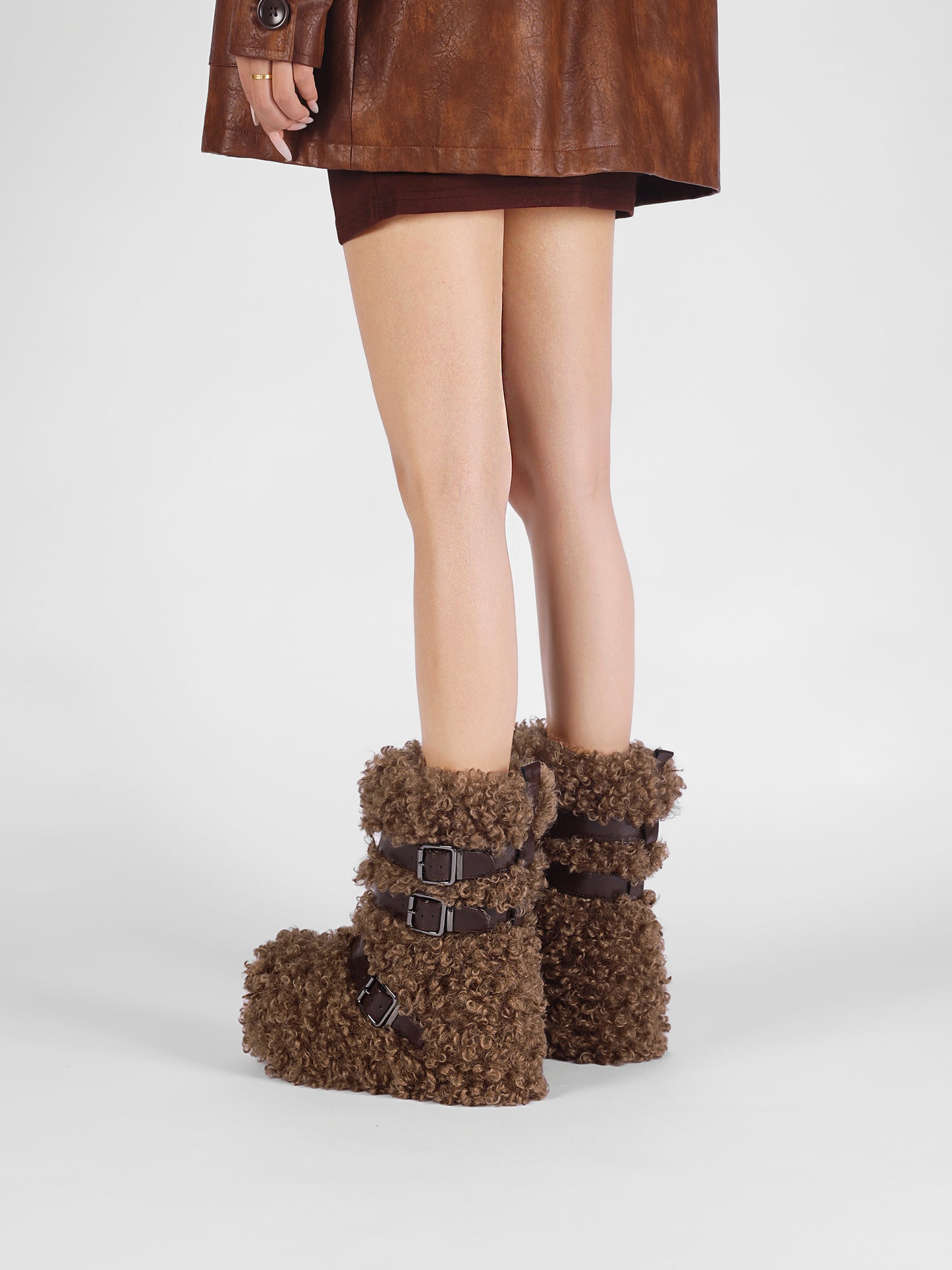 UBORYA Brown Curly Teddy Fur Platform Boots - Buckle Strap Fuzzy Ankle Booties