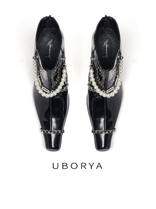 UBORYA Black Patent Leather Ankle Boots - Pearl Chain Detail Square Toe Block Heel Booties