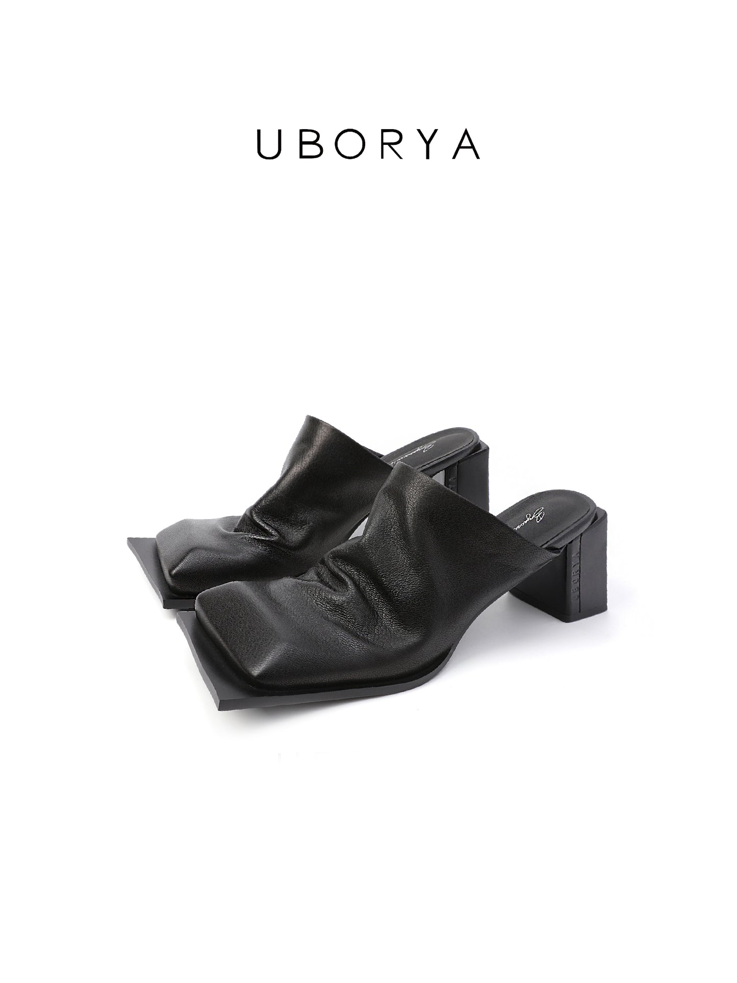 UBORYA Black Draped Leather Mules – Minimalist Modern Pumps for Women | 7cm / 2.8in Block Heel | Soft Natural Grain Leather | Elegant Open-Back Slide Sandals