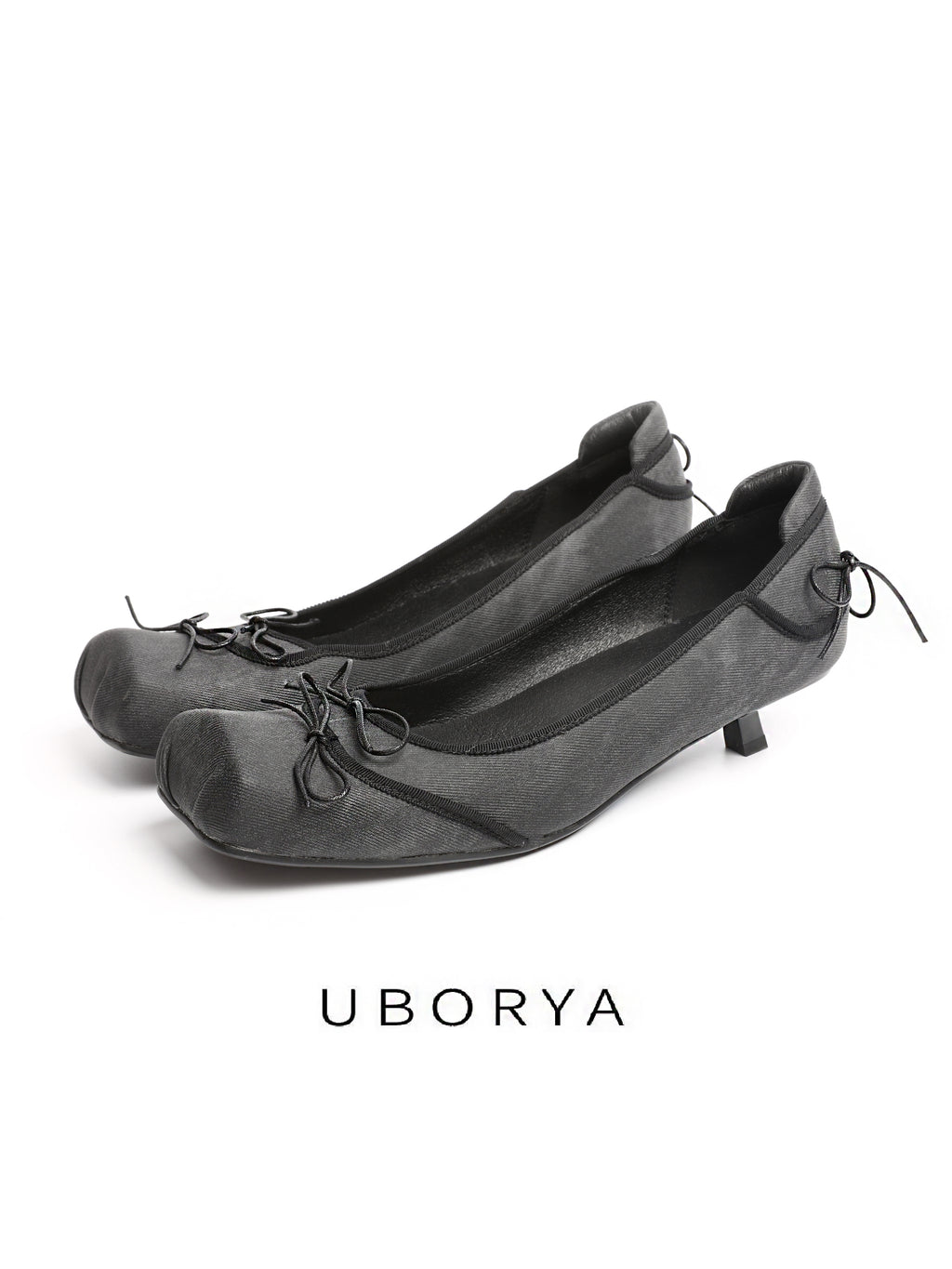 UBORYA Black Satin Balletcore Slingback Kitten Heels Bow Detail
