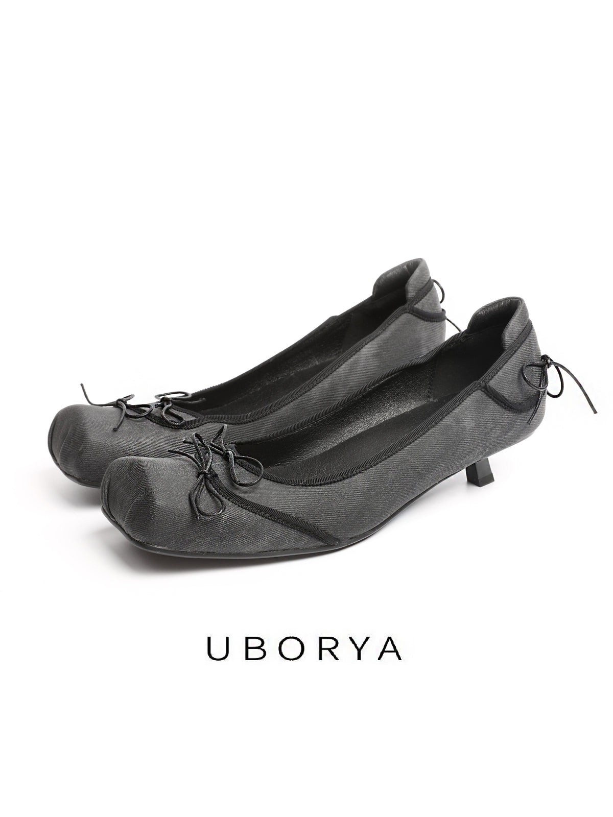 UBORYA Black Satin Balletcore Slingback Kitten Heels Bow Detail