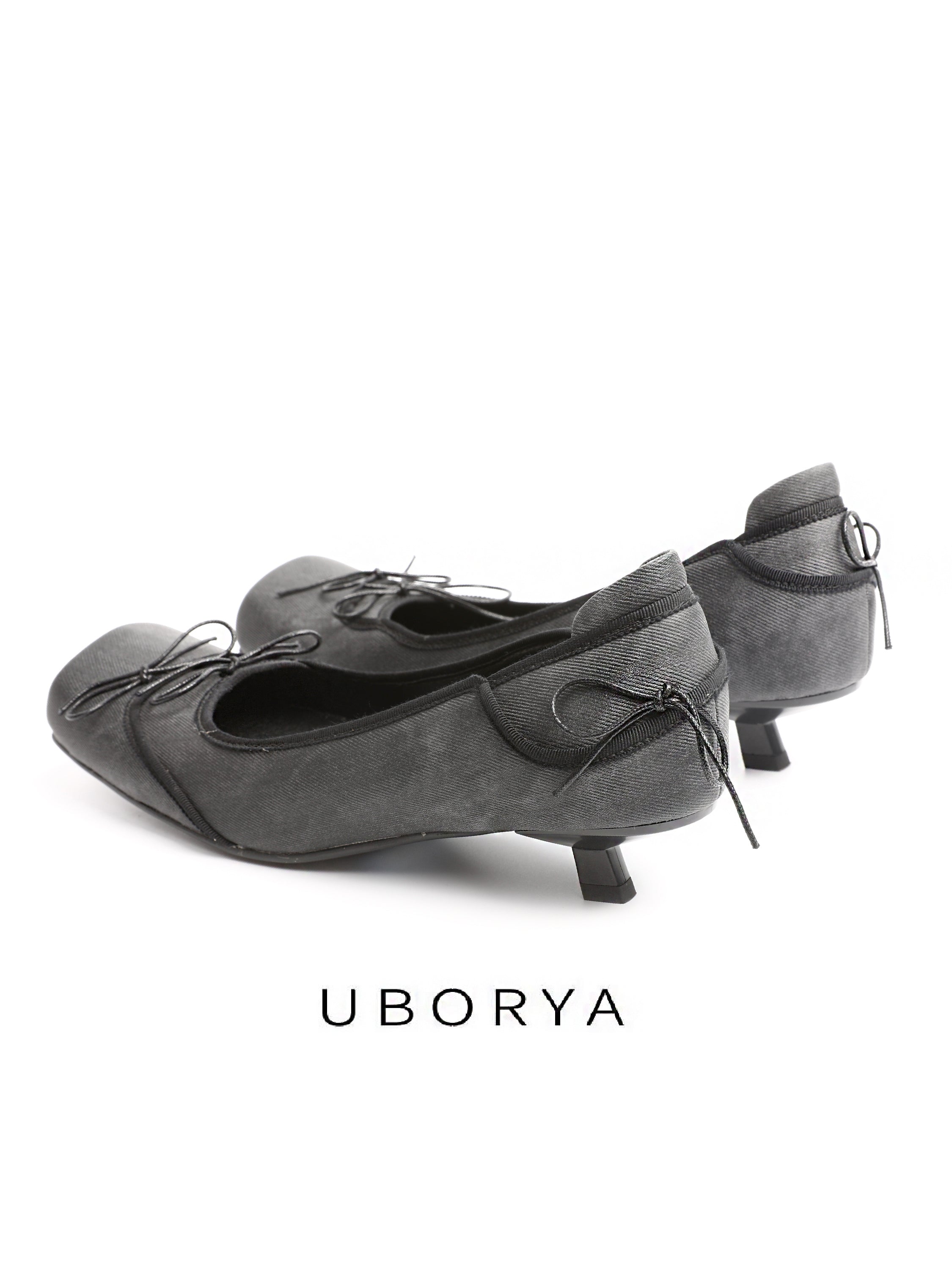 UBORYA Black Satin Balletcore Slingback Kitten Heels Bow Detail