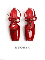 UBORYA Red Patent Leather T Strap Slingbacks Peep Toe Stacked Heel Sandals