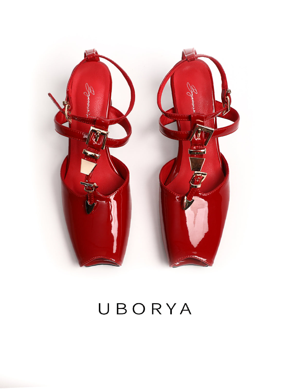 UBORYA Red Patent Leather T Strap Slingbacks Peep Toe Stacked Heel Sandals