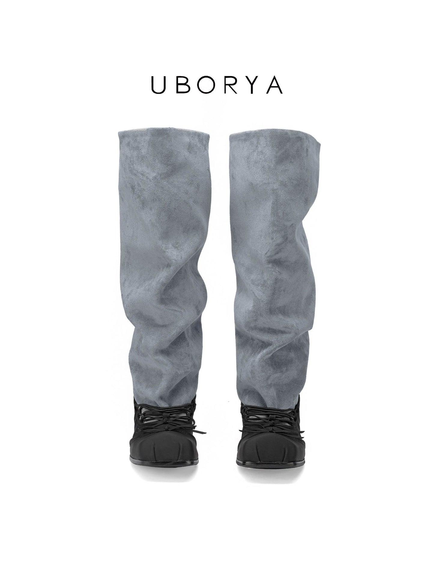 UBORYA Grey Suede Slouchy Knee-High Boots with Bows – Black Ballet Toe Cap Kitten Heel Boots for Women | Ruched Shaft | Side Zipper | Avant-Garde Booties