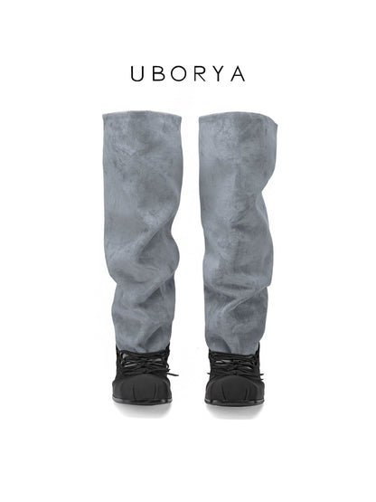 UBORYA Grey Suede Slouchy Knee-High Boots with Bows – Black Ballet Toe Cap Kitten Heel Boots for Women | Ruched Shaft | Side Zipper | Avant-Garde Booties