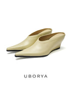 UBORYA Minimalist Beige Satin Pointed Toe Wedge Mules Slip‑On Kitten Heel