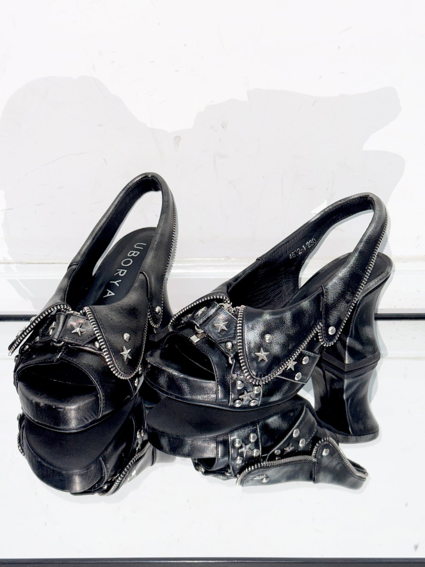 UBORYA Distressed Black Platform Slingback Heels - Peep Toe Star Stud Zipper Detail Sculptural Heel Sandals