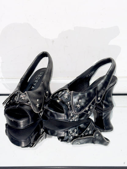 UBORYA Distressed Black Platform Slingback Heels - Peep Toe Star Stud Zipper Detail Sculptural Heel Sandals