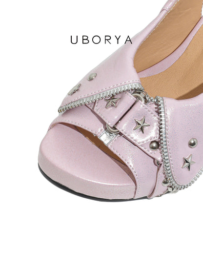 UBORYA Pink Metallic Platform Slingback Heels - Peep Toe Star Stud Zipper Detail Sculptural Heel Sandals