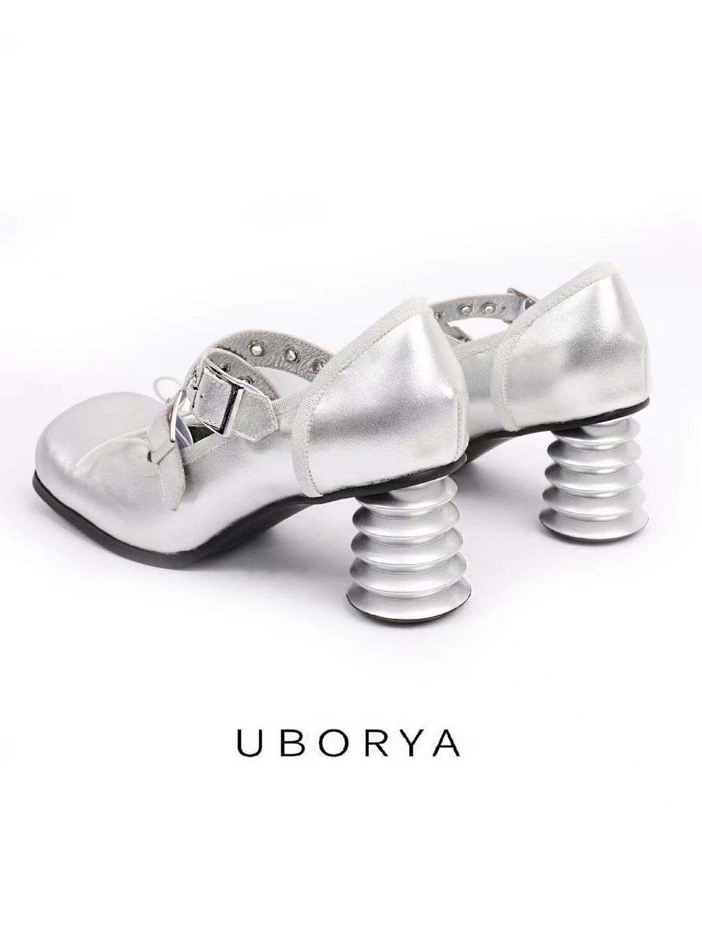 UBORYA Silver Metallic Coil Heel Mary Jane Pumps Rivet Buckles Front Tie 6cm Sculptural Heel