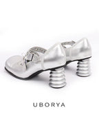 UBORYA Silver Metallic Coil Heel Mary Jane Pumps Rivet Buckles Front Tie 6cm Sculptural Heel