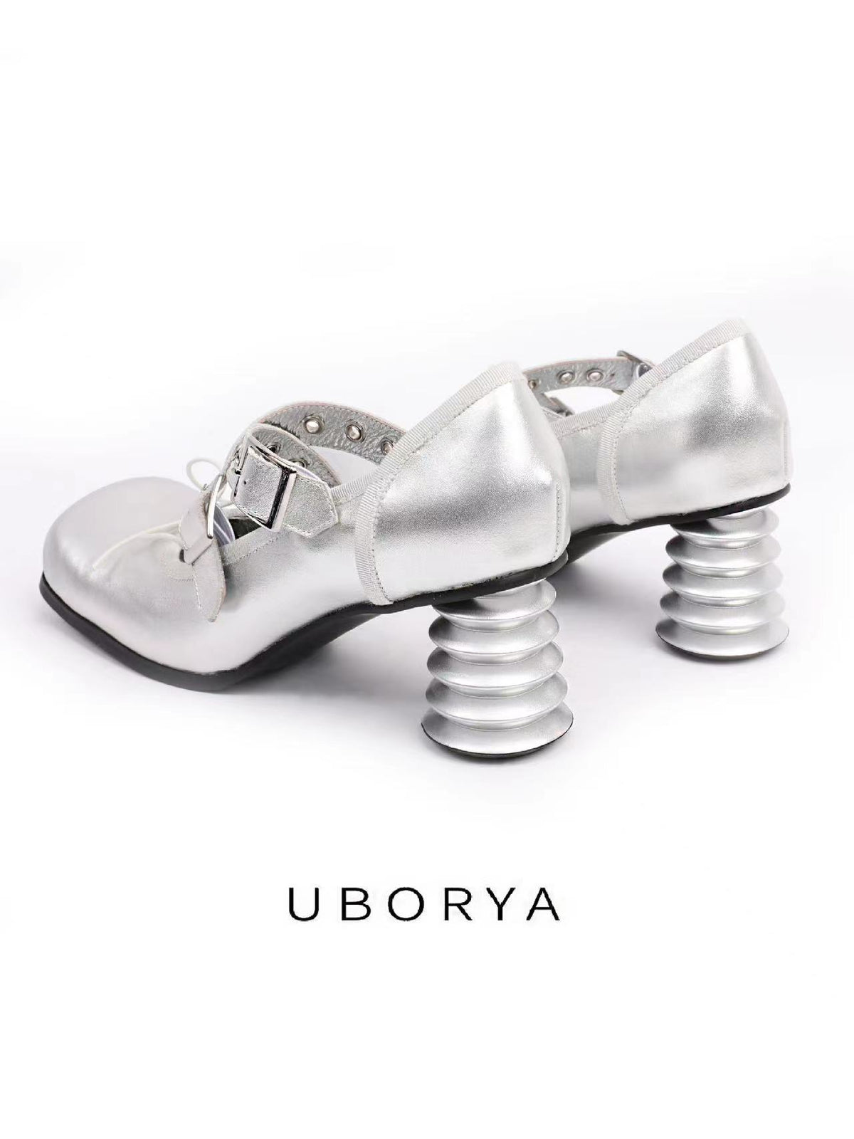 UBORYA Silver Metallic Coil Heel Mary Jane Pumps Rivet Buckles Front Tie 6cm Sculptural Heel