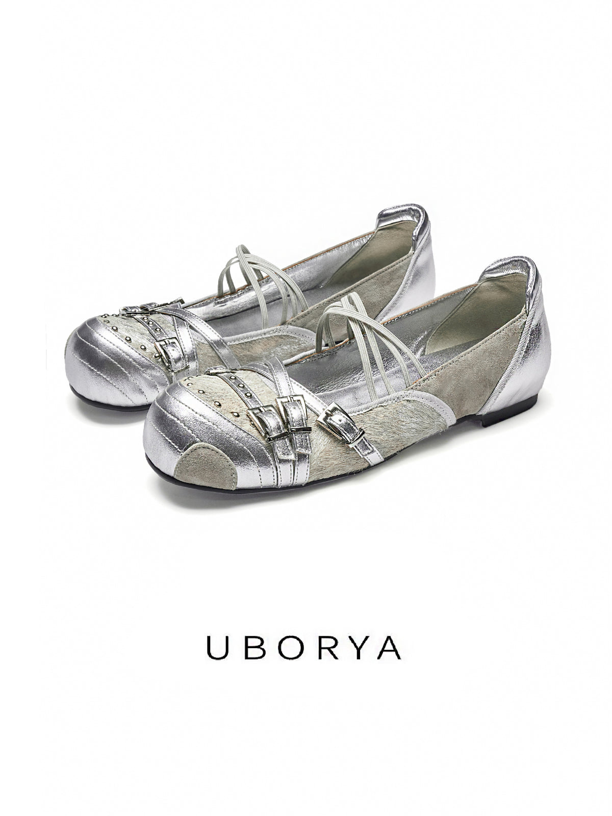 UBORYA Silver Metallic Y2K Futuristic Mary Jane Flats Double Buckle Lace‑Up