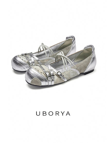 UBORYA Silver Metallic Mary Jane Flats – Y2K Futuristic Ballet Shoes for Women | 2cm / 0.8in Flat Sole | Mixed Media with Cowhide & Suede | Double Buckle & Lace-Up Detail