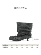 UBORYA Grey Denim Slouchy Bow Ankle Boots with Square Toe