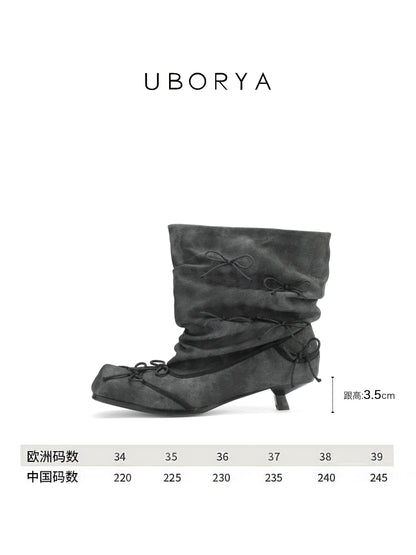 UBORYA Grey Denim Slouchy Ankle Boots with Bows – Square Toe Kitten Heel Booties for Women | Ruched Shaft | Mini Bow Accents | Grunge Y2K Denim Boots