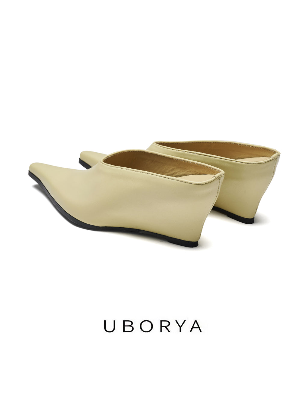 UBORYA Minimalist Beige Satin Pointed Toe Wedge Mules Slip‑On Kitten Heel
