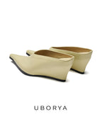 UBORYA Minimalist Beige Satin Pointed Toe Wedge Mules Slip‑On Kitten Heel