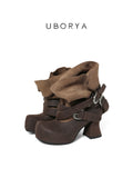 UBORYA Brown Suede Slouchy Ankle Boots with Buckle Straps