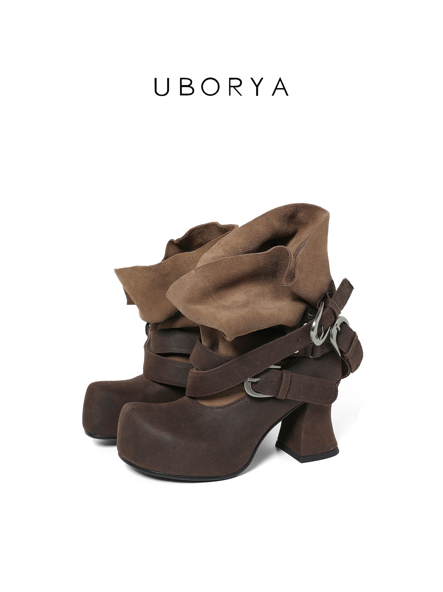 UBORYA Brown Suede Slouchy Ankle Boots with Buckle Straps – Sculptural Chunky Heel Boots for Women | Ruched Shaft | Square Toe | Western Punk Booties