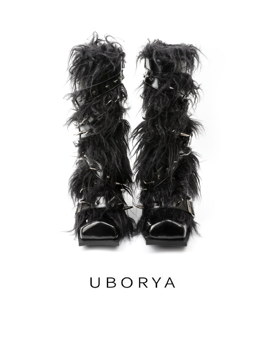 UBORYA Black Avant‑Garde Faux Fur Midi Boots Gothic 6cm Chunky Heel