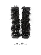 UBORYA Black Avant‑Garde Faux Fur Midi Boots Gothic 6cm Chunky Heel