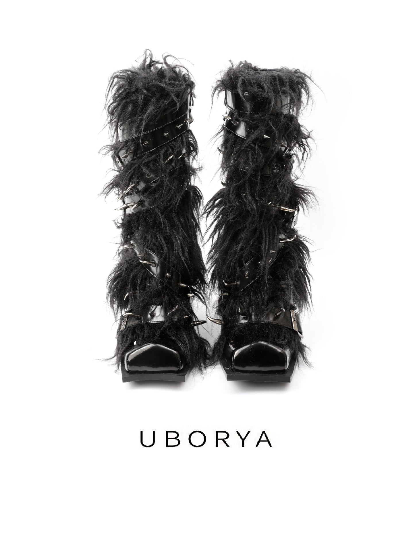 UBORYA Black Avant-Garde Fur & Strap Boots – Gothic Mongolian Faux Fur Midi Boots for Women | 6cm / 2.4in Chunky Heel | Patent Leather & Buckle Accents | Edgy Statement Footwear