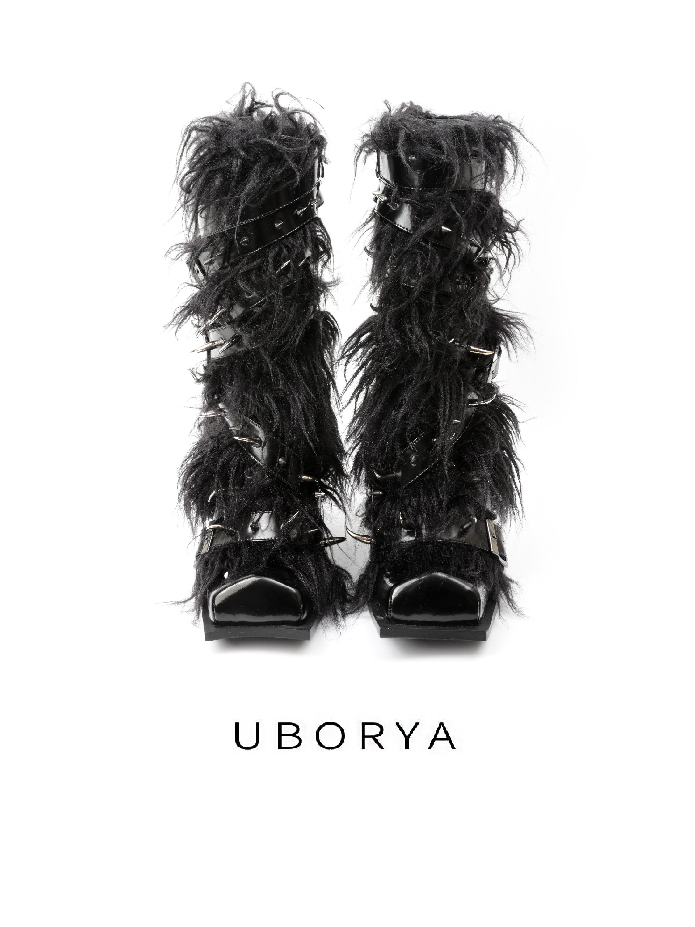 UBORYA Black Avant‑Garde Faux Fur Midi Boots Gothic 6cm Chunky Heel