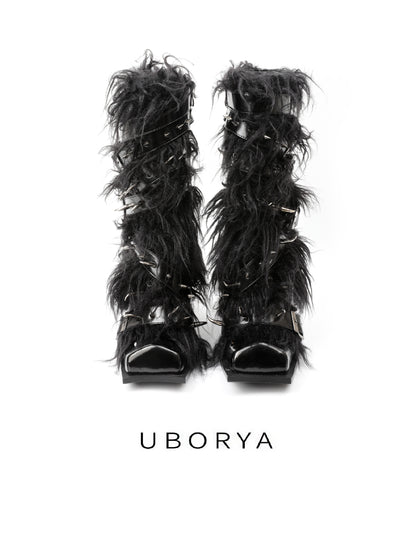 UBORYA Black Avant-Garde Fur & Strap Boots – Gothic Mongolian Faux Fur Midi Boots for Women | 6cm / 2.4in Chunky Heel | Patent Leather & Buckle Accents | Edgy Statement Footwear