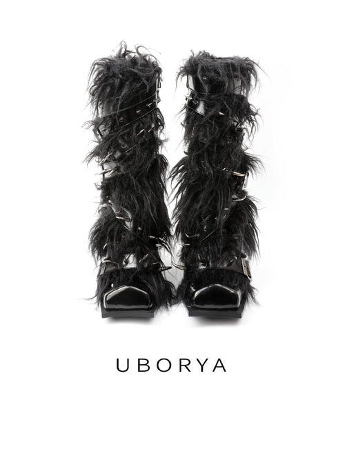 UBORYA Black Avant‑Garde Faux Fur Midi Boots Gothic 6cm Chunky Heel