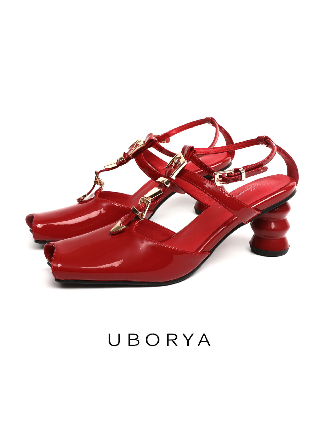 UBORYA Red Patent Leather T Strap Slingbacks Peep Toe Stacked Heel Sandals