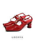 UBORYA Red Patent Leather T Strap Slingbacks Peep Toe Stacked Heel Sandals