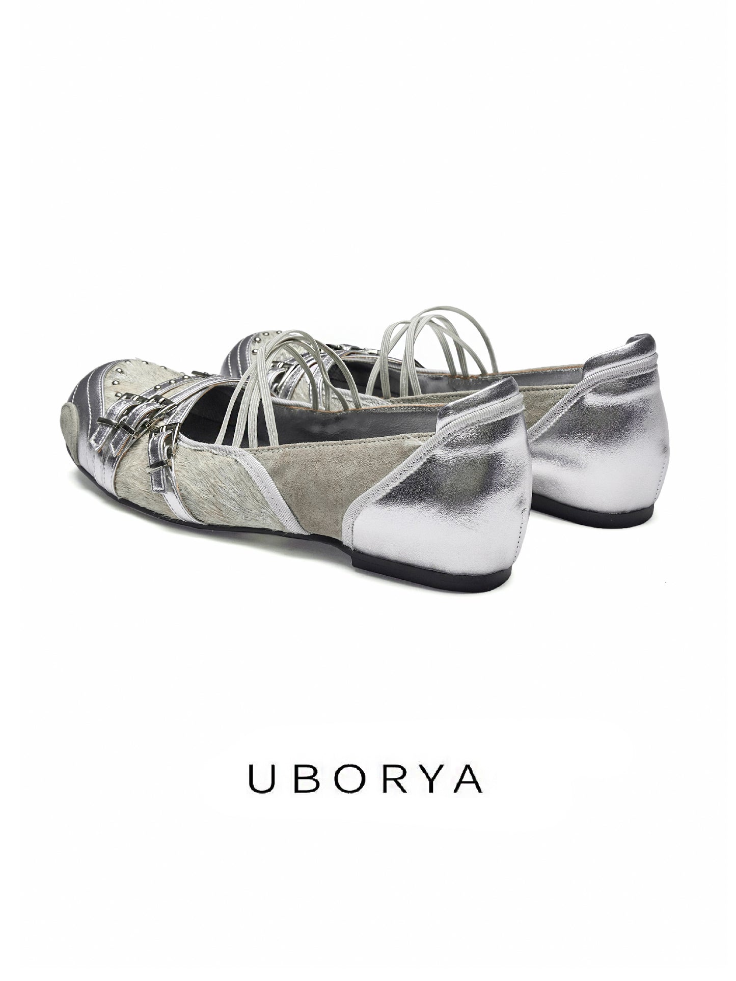 UBORYA Silver Metallic Mary Jane Flats – Y2K Futuristic Ballet Shoes for Women | 2cm / 0.8in Flat Sole | Mixed Media with Cowhide & Suede | Double Buckle & Lace-Up Detail