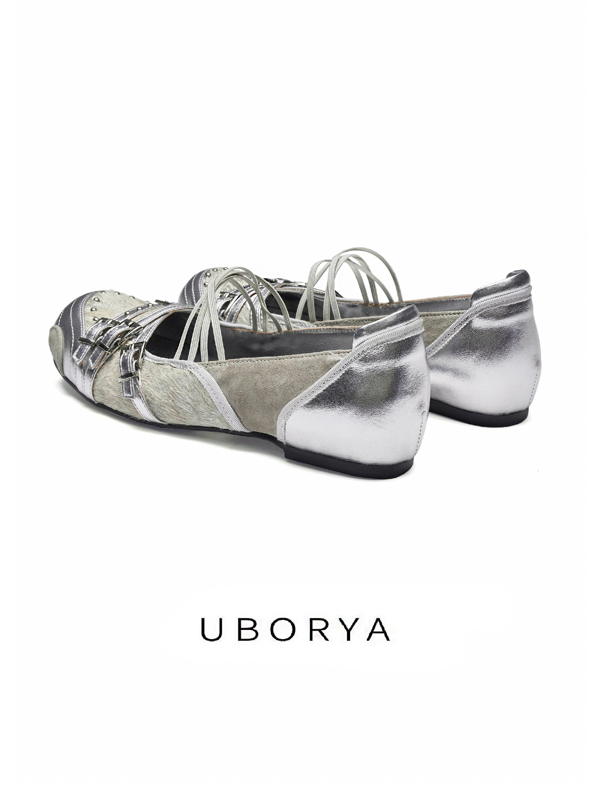 UBORYA Silver Metallic Y2K Futuristic Mary Jane Flats Double Buckle Lace‑Up