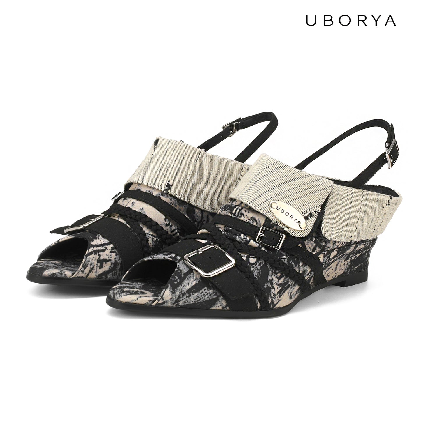 UBORYA Abstract Print Slingback Peep-Toe Shoes with Braided Straps & Silver Buckles – Low Wedge Heel Pumps for Women | Avant-Garde Cuff Sandals | Artistic Utility Footwear