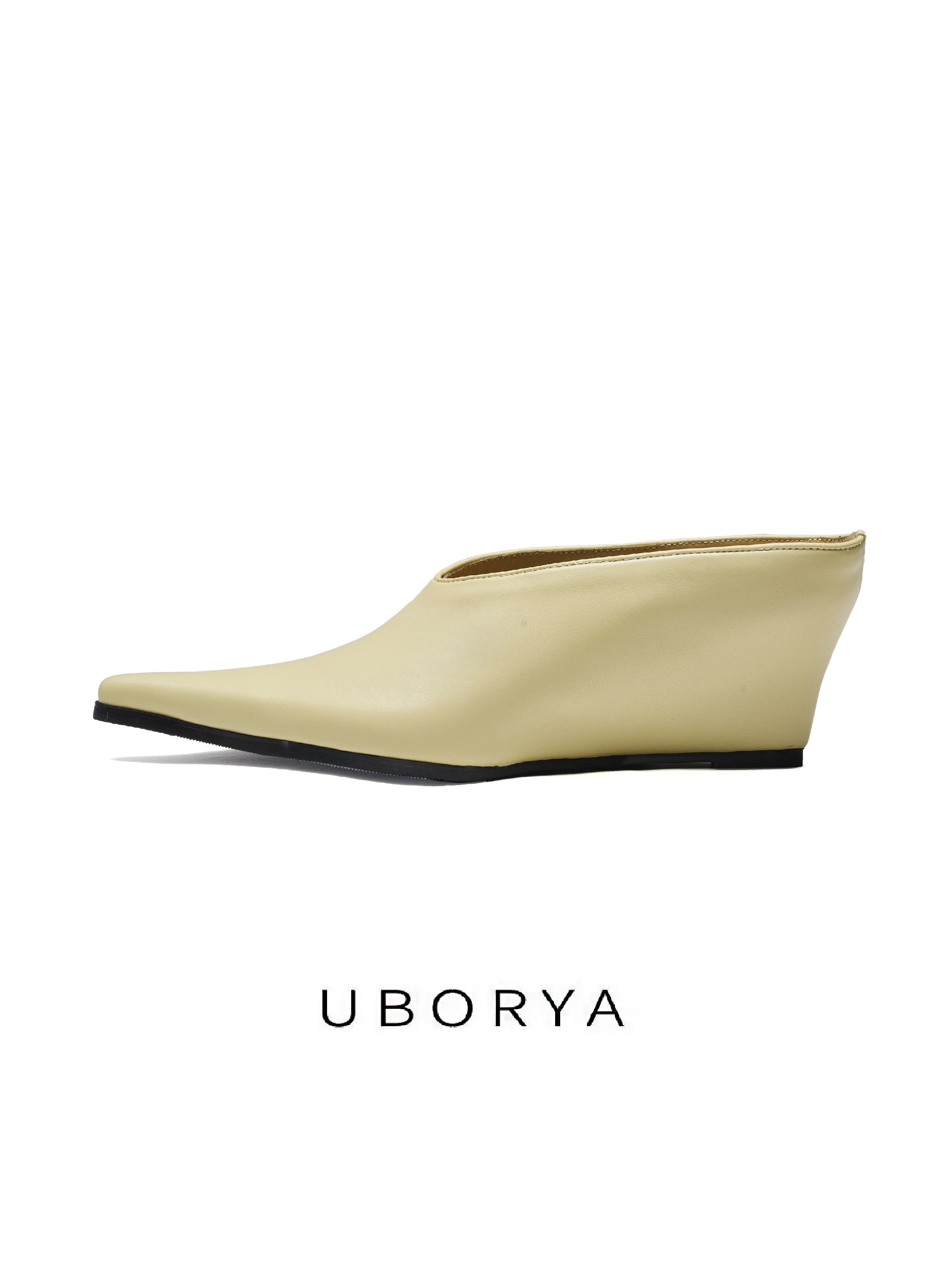 UBORYA Minimalist Beige Satin Pointed Toe Wedge Mules Slip‑On Kitten Heel