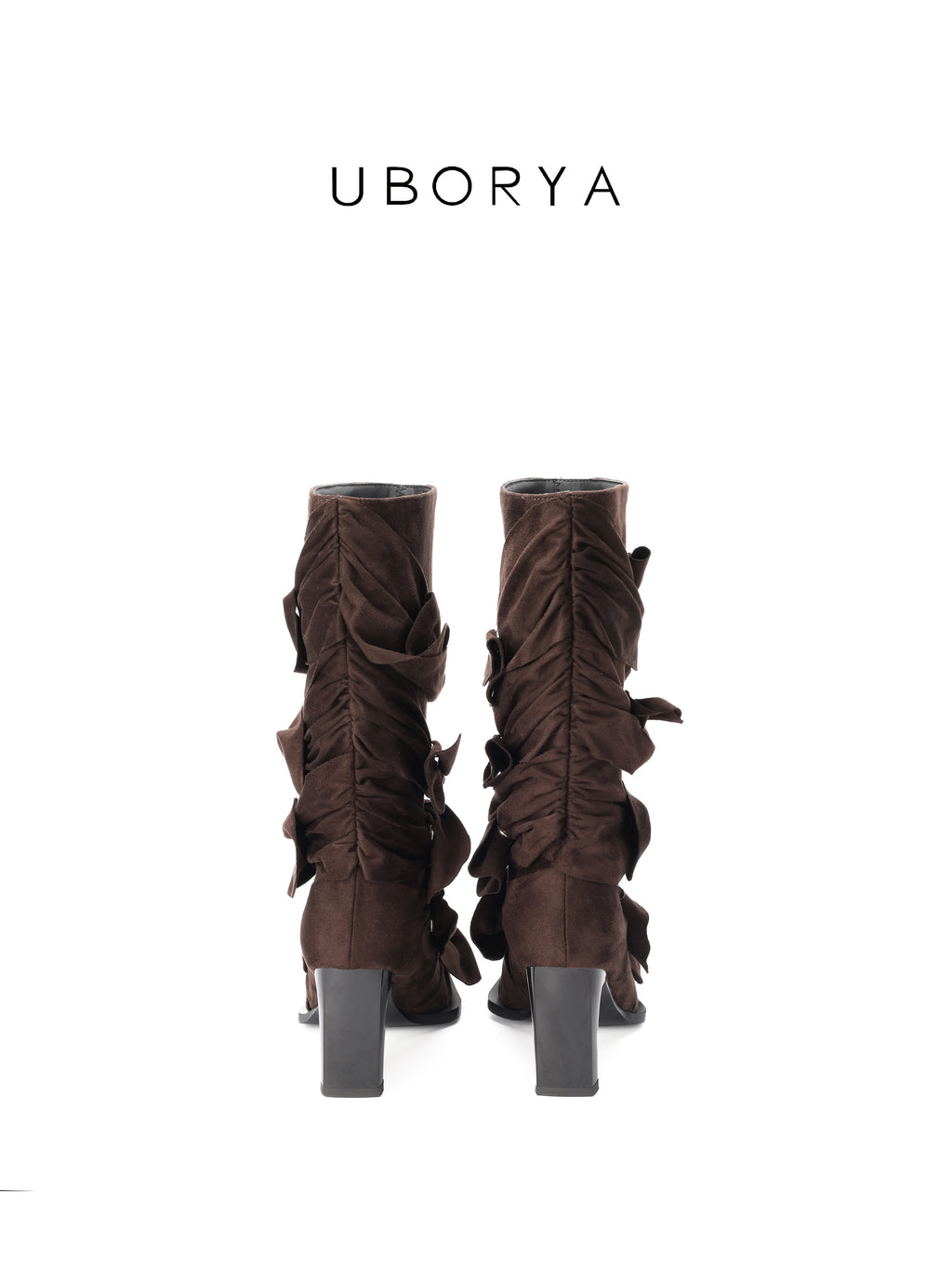 UBORYA Brown Suede Ruched Mid Calf Boots 7cm Block Heel Knot Detail