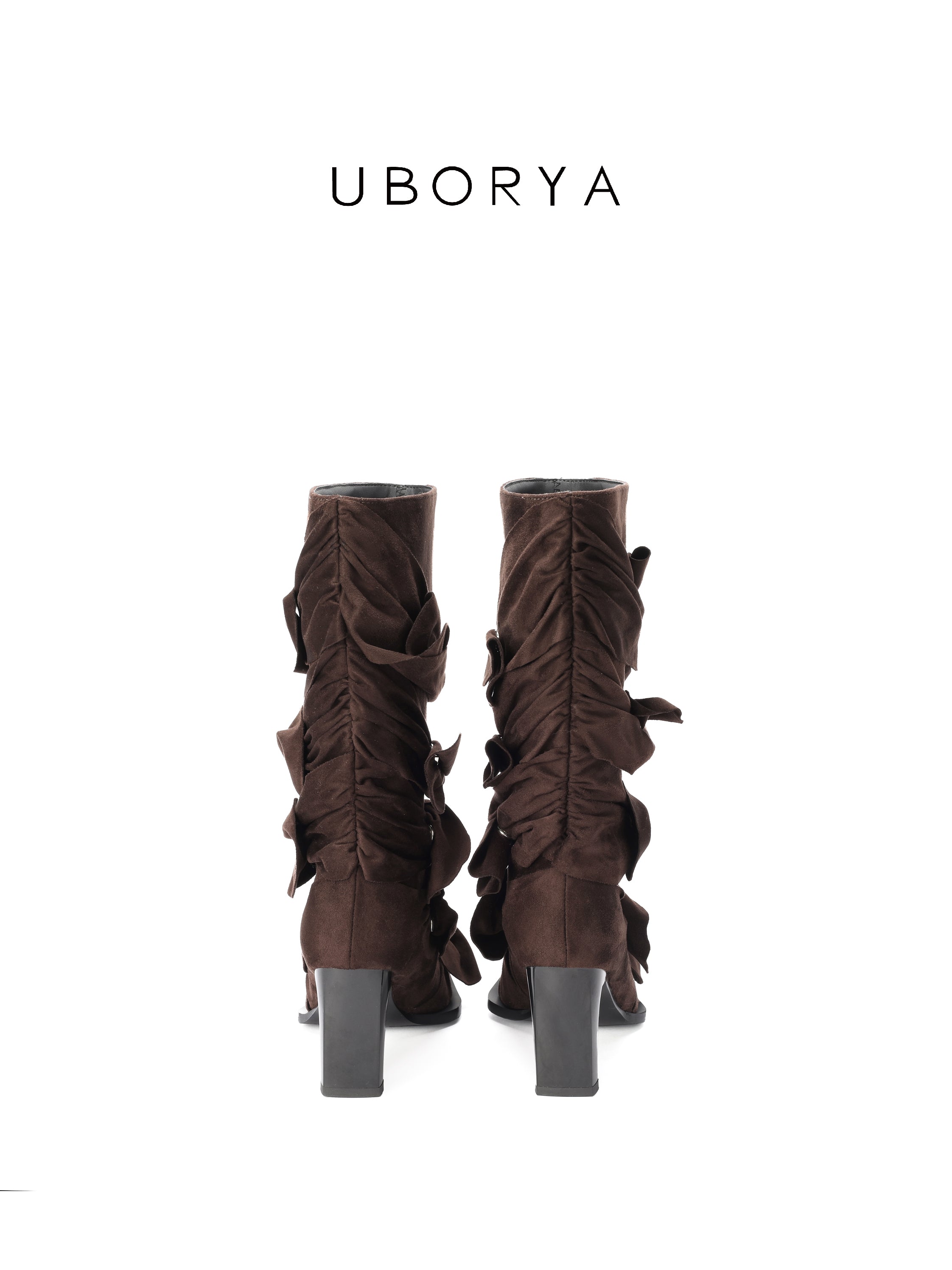UBORYA Brown Suede Ruched Mid Calf Boots 7cm Block Heel Knot Detail