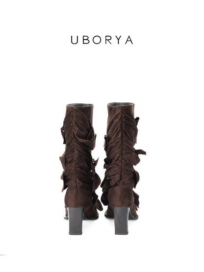 UBORYA Brown Suede Ruched Mid-Calf Boots for Women | 7cm Block Heel Sculptural Boots with Knot Detail | Faux Suede | Edgy Boho Modern Style