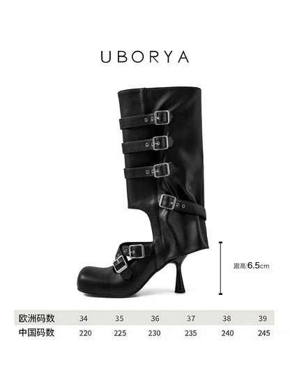 UBORYA Black Knee-High Buckle Boots with Sculpted Stiletto Heel – Multi-Strap Round Toe Boots for Women | Gothic Glam Punk Luxury Footwear | Avant-Garde Heeled Boots