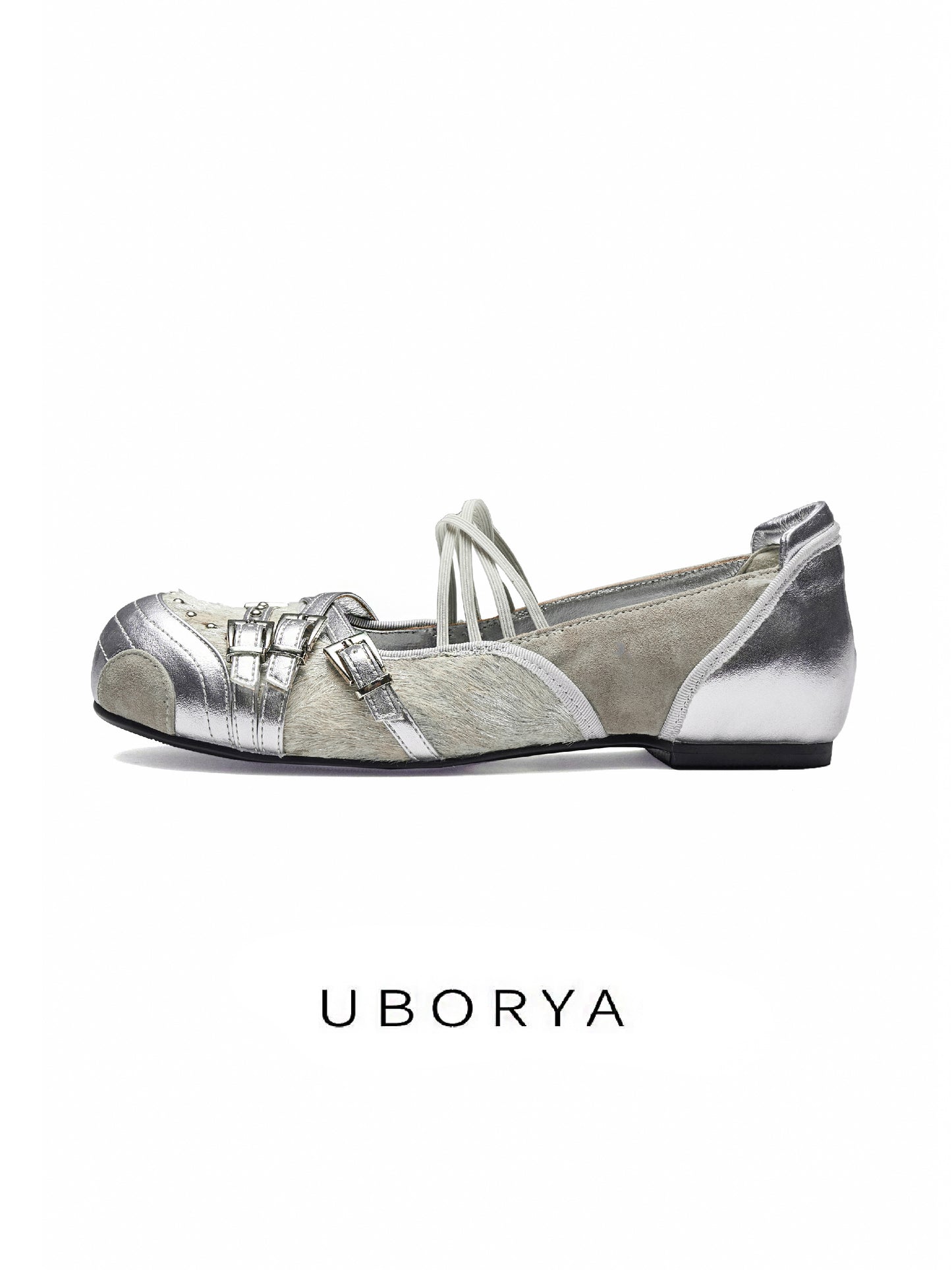 UBORYA Silver Metallic Mary Jane Flats – Y2K Futuristic Ballet Shoes for Women | 2cm / 0.8in Flat Sole | Mixed Media with Cowhide & Suede | Double Buckle & Lace-Up Detail