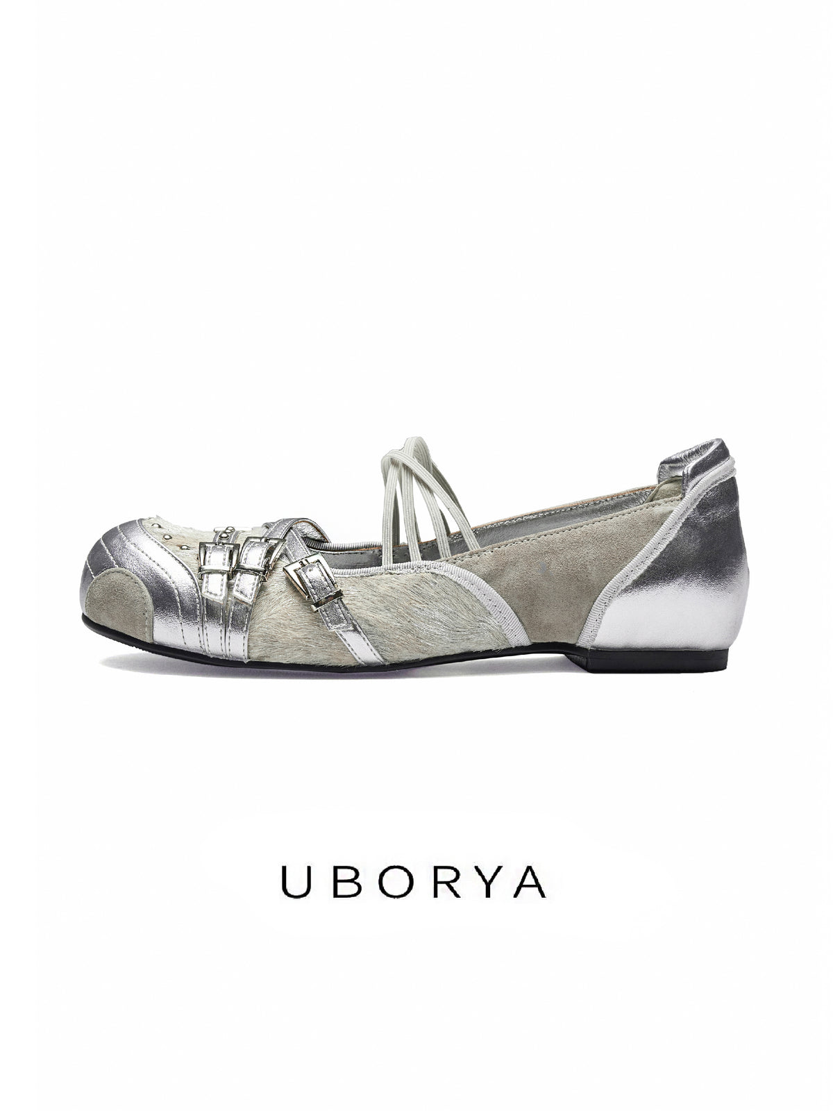 UBORYA Silver Metallic Y2K Futuristic Mary Jane Flats Double Buckle Lace‑Up