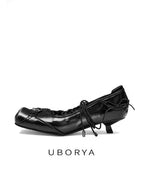 UBORYA Black Sculptural Avant‑Garde Lace‑Up Kitten Heels