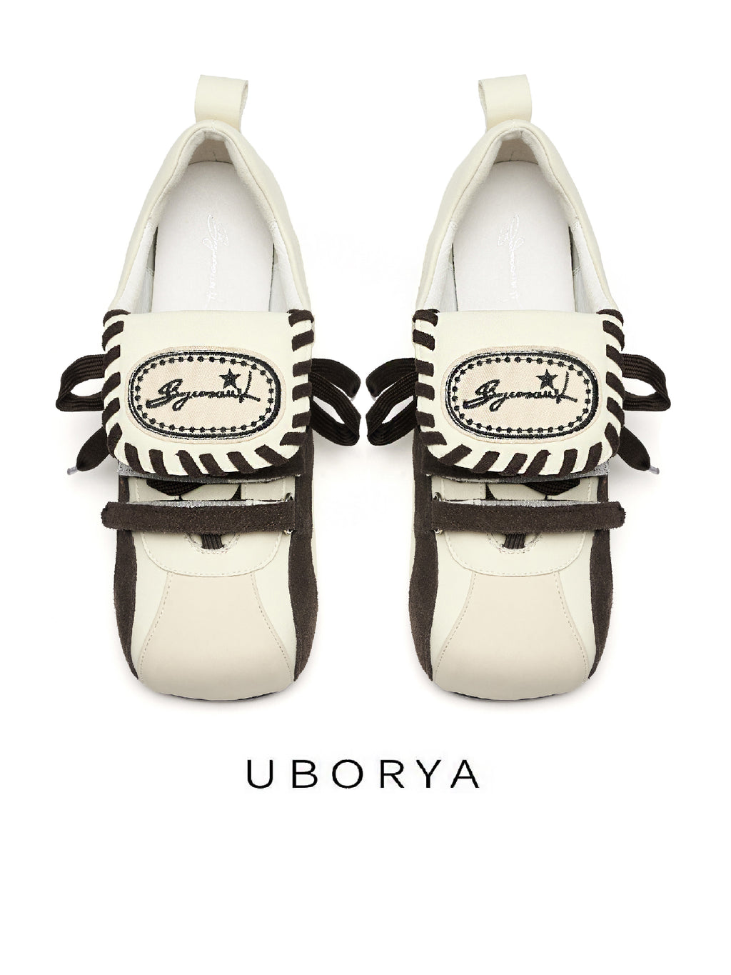 UBORYA Cream & Brown Balletcore Mary Jane Sneakers 1cm Low Heel
