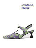 Purple Green Rose Print Leather T-Strap Slingbacks - Pointed Toe Kitten Heel Sandals