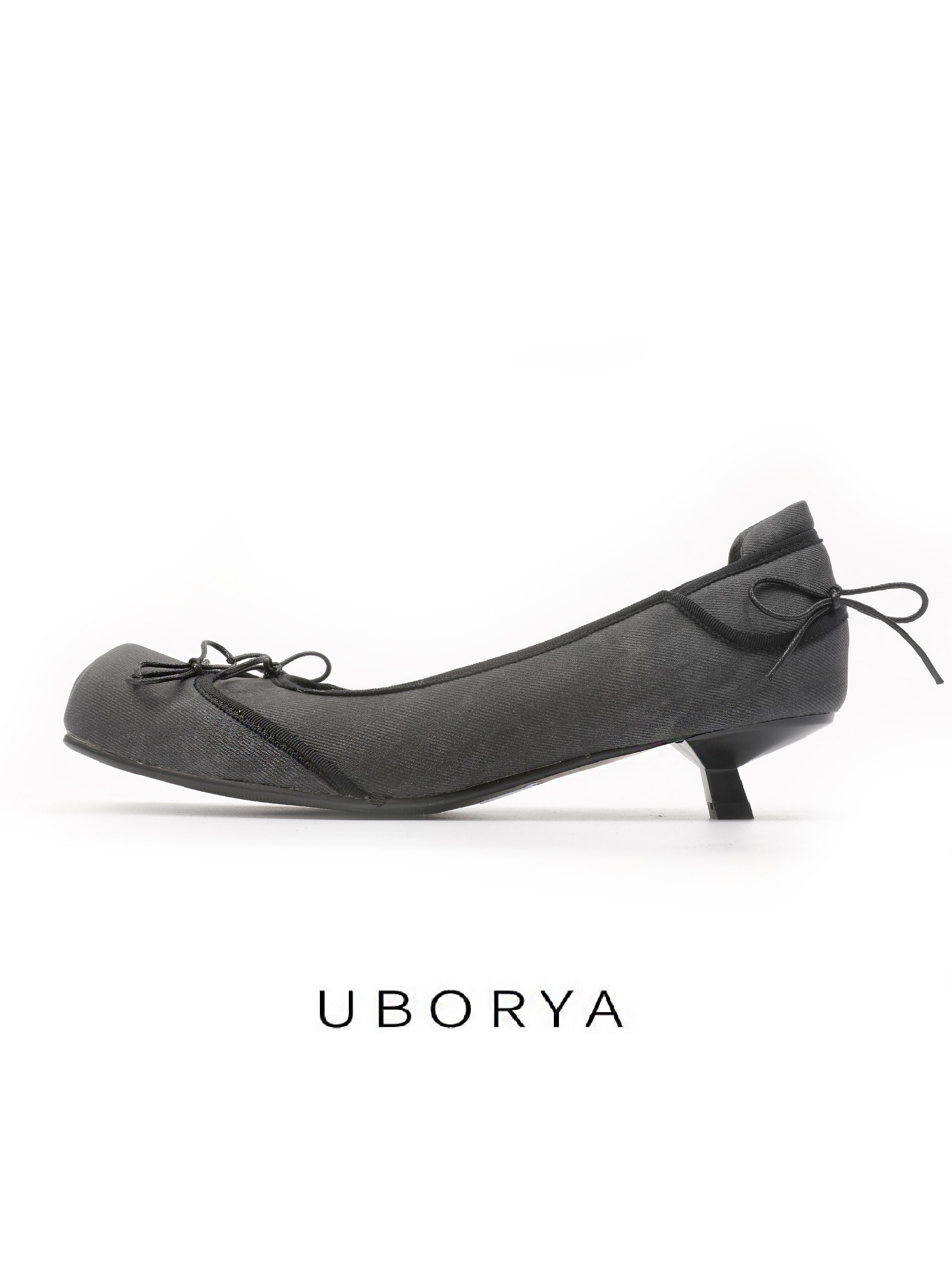 UBORYA Black Satin Balletcore Slingback Kitten Heels Bow Detail